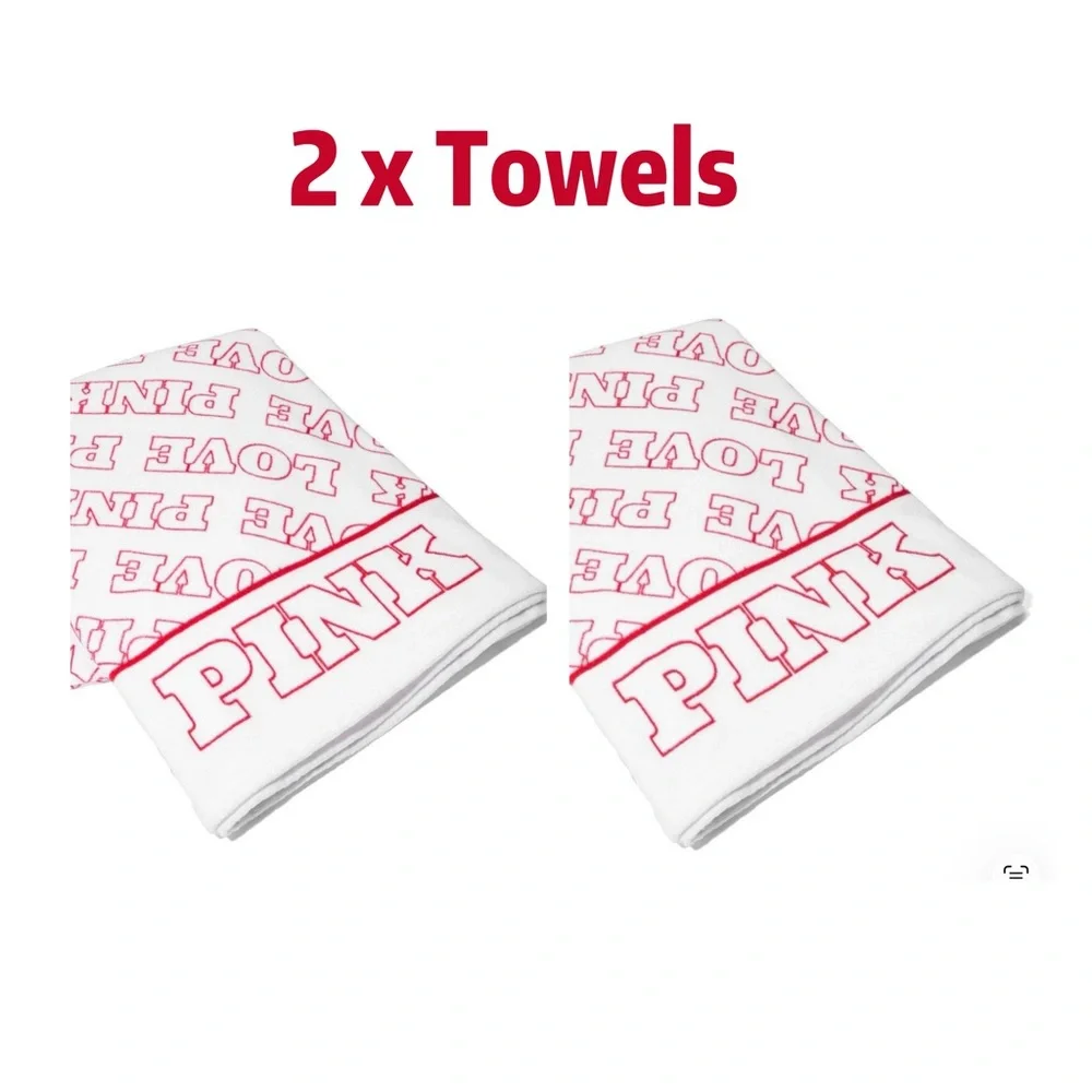 Victoria's Secret Love PINK White & Pink Logo Cotton Bath Beach Towels - 2 Pack - Picture 1 of 5